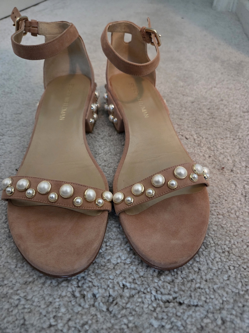 Stuart Weitzman Suede Ankle-Strap Pearl Embellished Sandals - Tan